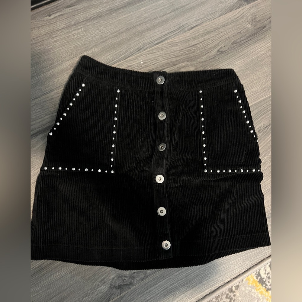 Lulus Black Corduroy Mini Skirt with Button Detail, Size S